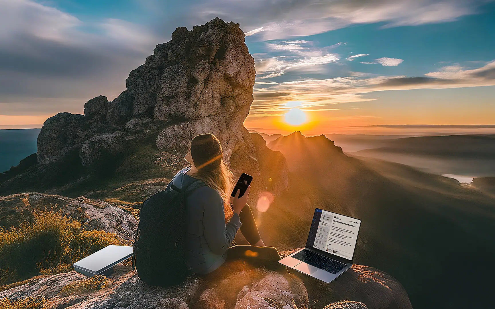 Remote worker on a mountain using Starlink Mini with an external portable battery pack — reliable off-grid internet and power.