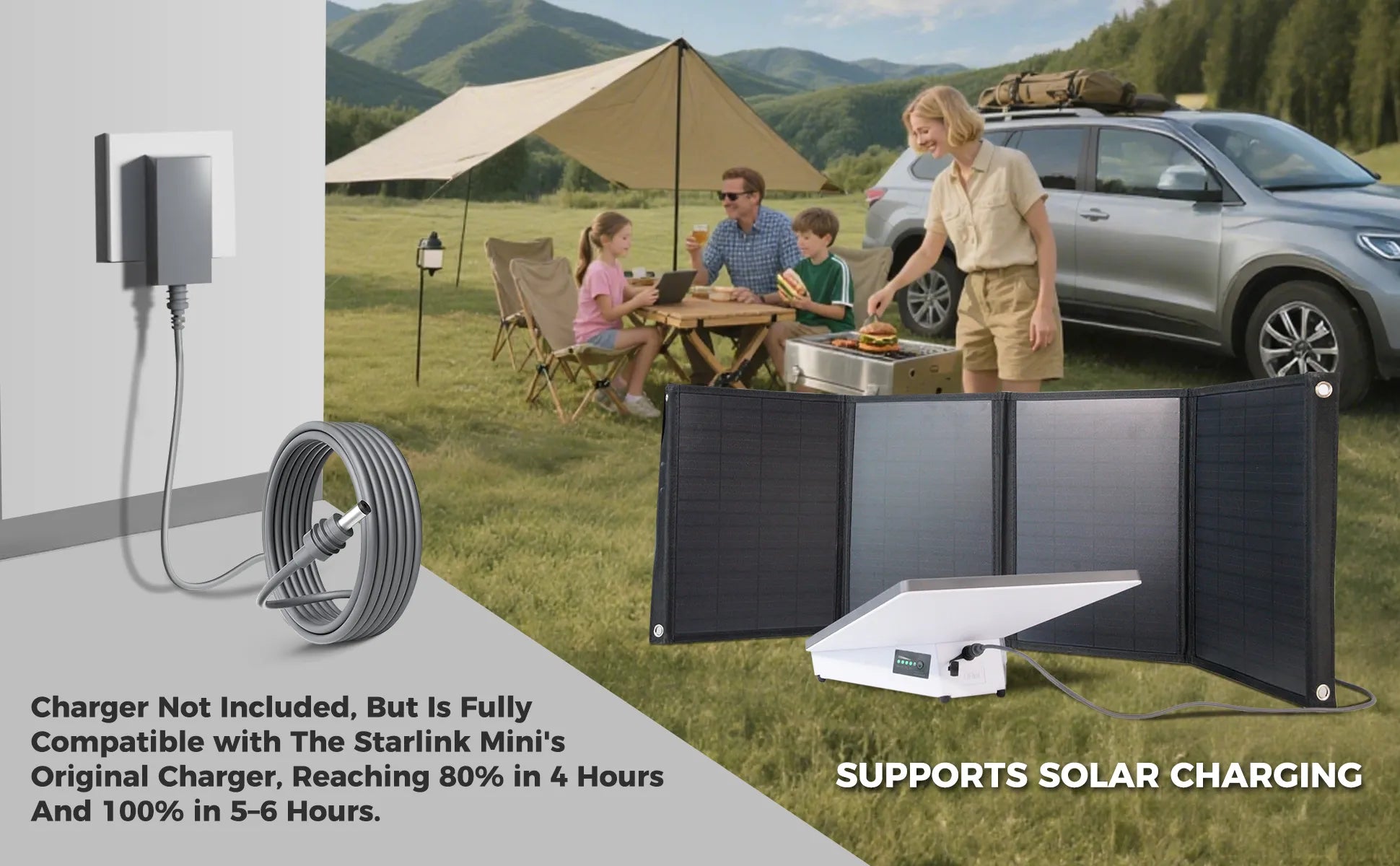 Starlink Mini 180Wh battery pack showing two charging options: fast charging with original Starlink Mini cable and eco-friendly solar panel charging for outdoor adventures.