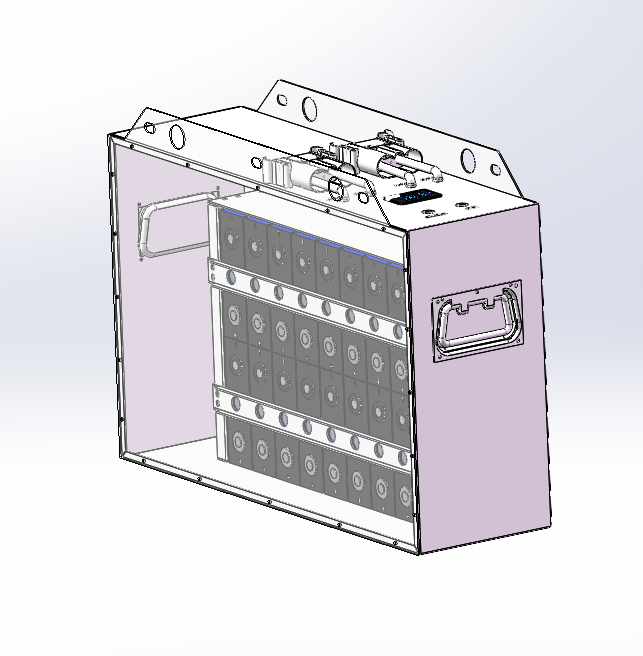 Open-enclosure CAD rendering of a custom forklift battery system showing internal battery modules, upper electrical components, lifting points, and a metal housing.