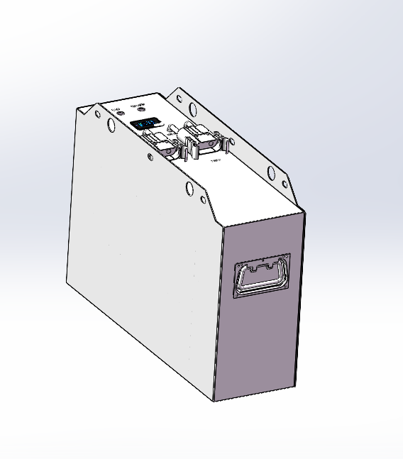 CAD rendering of a custom forklift battery enclosure with a metal housing, top electrical interfaces, integrated display, lifting brackets, and side handle.