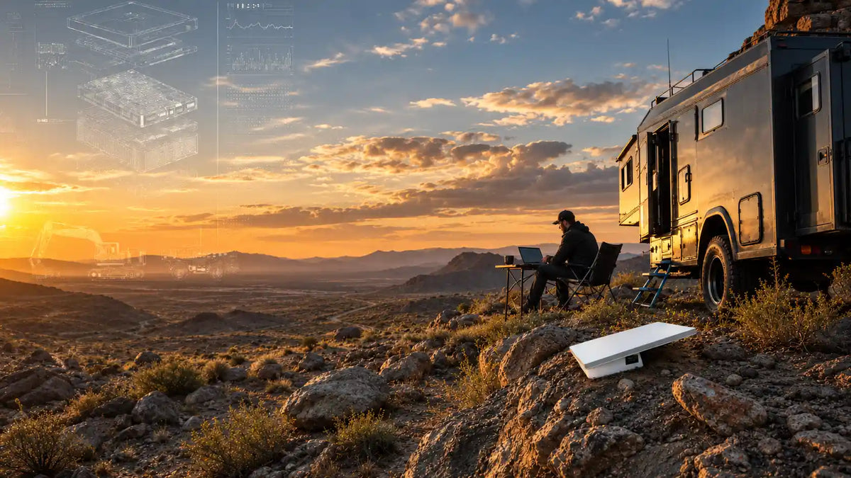LiFirst battery powering a Starlink Mini beside an expedition RV, with a traveler using a laptop at a rocky desert campsite at sunset.