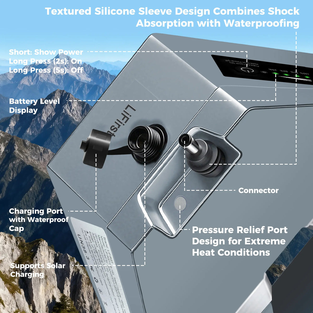 LiFirst CORE+ 180Wh Starlink Mini battery showing charging port, solar charging support, battery level display, connector, and pressure relief port