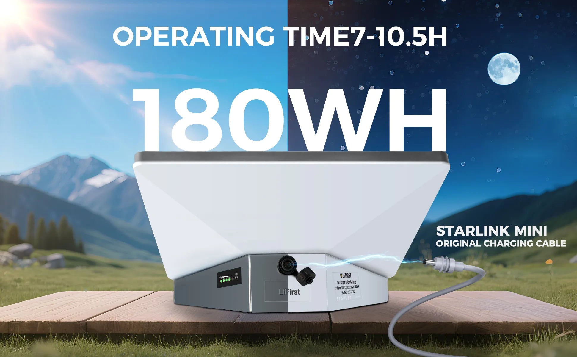 White background image of Starlink Mini 180Wh battery pack, providing 7 to 10 hours runtime and supporting charging with Starlink Mini original cable.