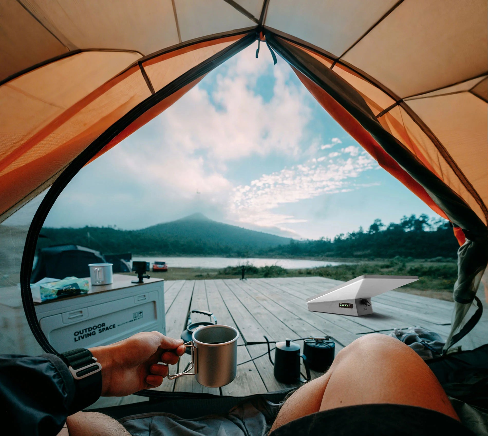 Starlink Mini satellite dish for camping, providing reliable internet outdoors with portable battery power