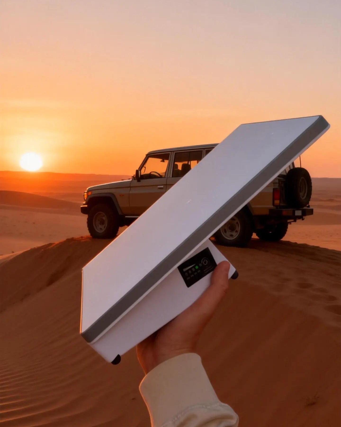 The desert display features a Starlink mini battery next to an off-road vehicle.