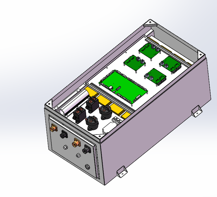 Open-enclosure CAD rendering of a custom 244.8V 90Ah battery system showing internal control boards, electrical components, and connector layout.