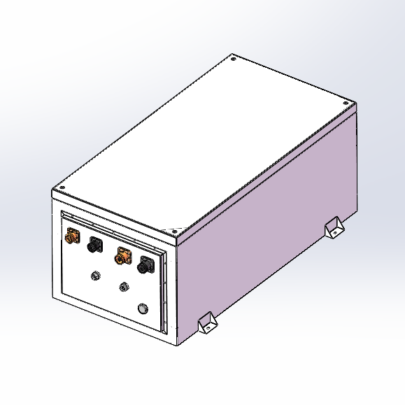 CAD rendering of a custom 244.8V 90Ah high-voltage battery system with a metal enclosure, mounting brackets, and front connectors.