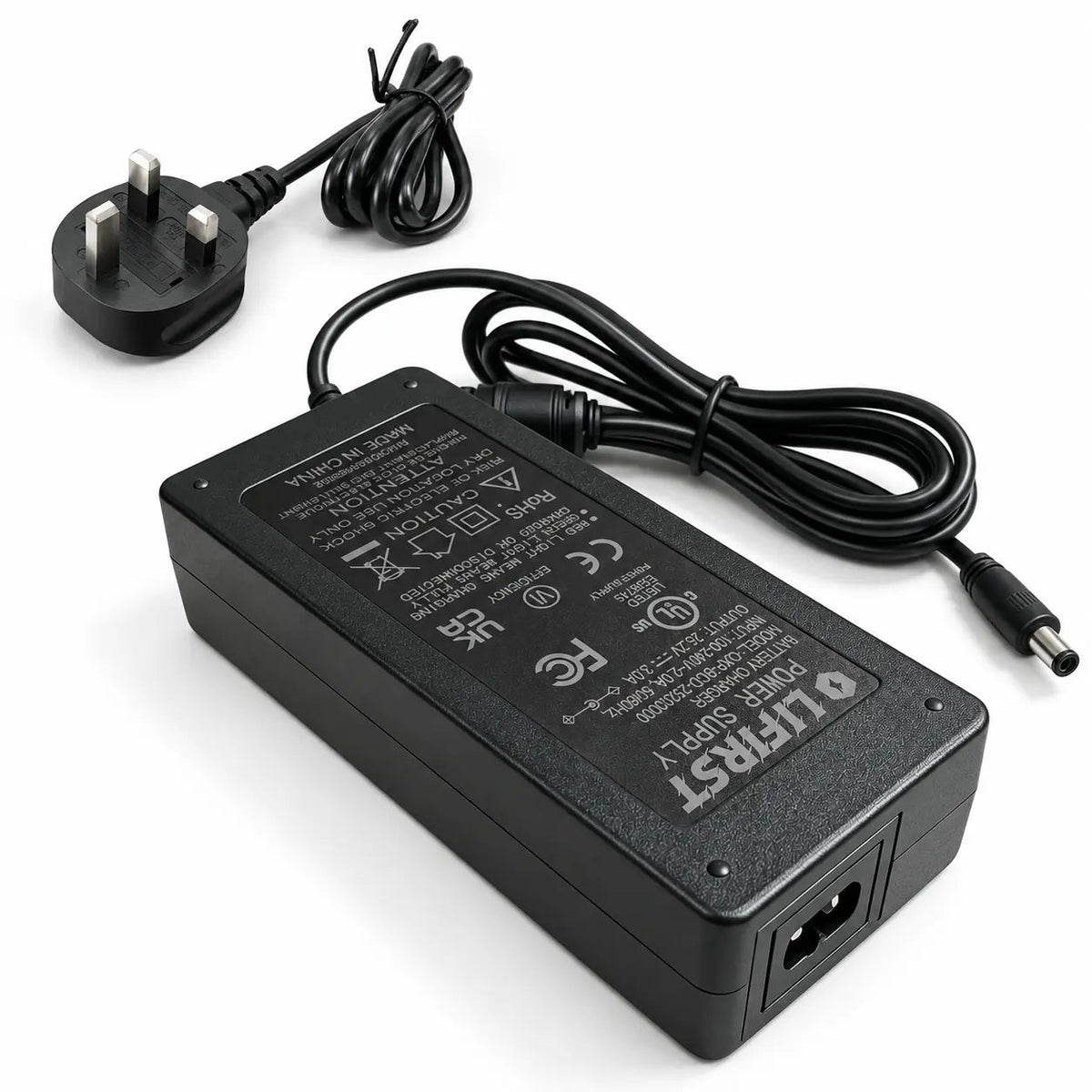LiFirst 25.2V 3A AC power adapter for Starlink Mini and compatible LiFirst batteries, shown with a UK three-pin plug and DC barrel connector.