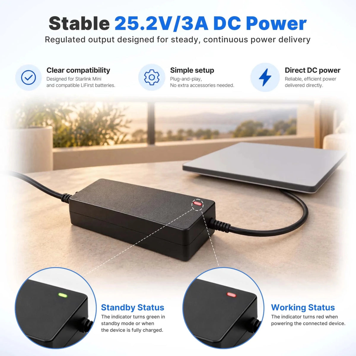 Stable 25.2V 3A DC Power Adapter for Starlink Mini