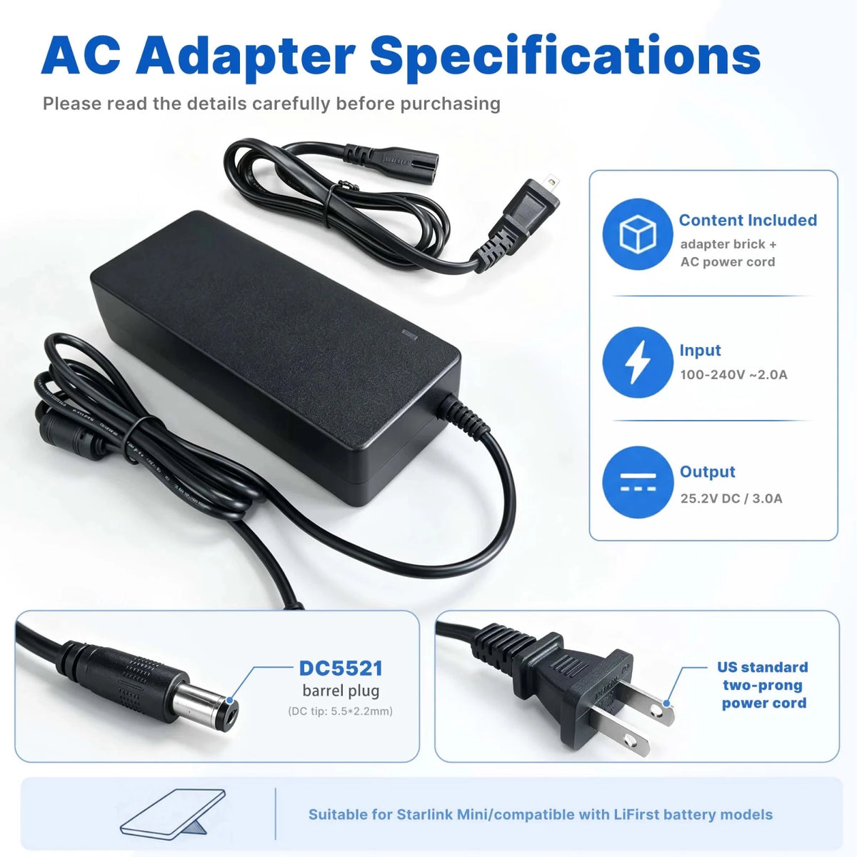 LiFirst Starlink Mini AC Adapter Specifications with DC5521 Plug
