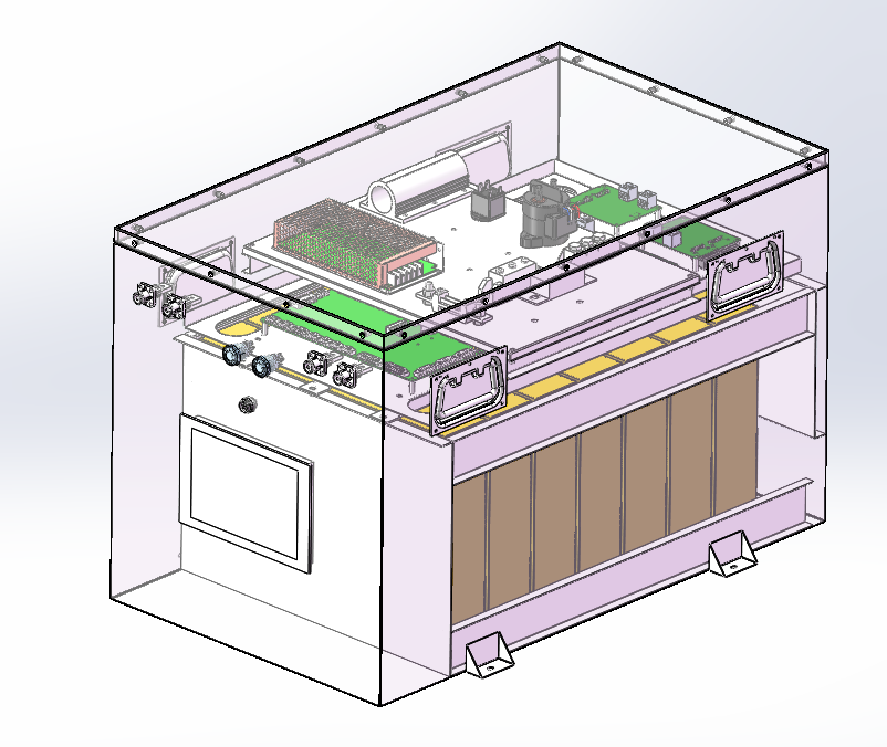 Transparent CAD cutaway of a custom 460.8V 36Ah battery system showing the battery modules, upper control compartment, display panel, handles, and mounting structure.