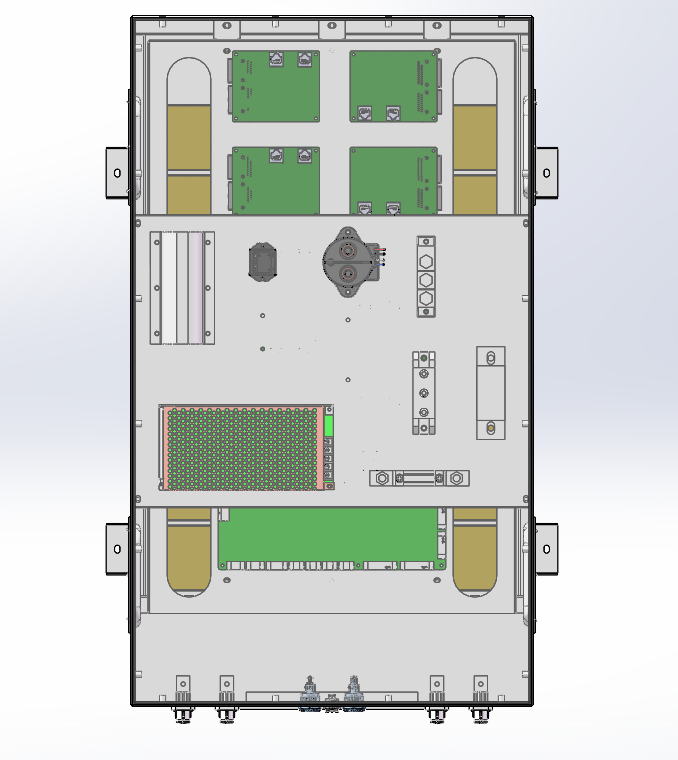 Top-view CAD drawing showing the internal control boards, electrical components, connector placement, and structural layout of a custom 460.8V 36Ah battery system.