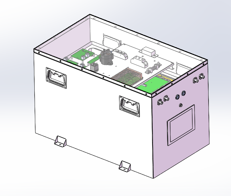 CAD rendering of a custom 460.8V 36Ah high-voltage battery system showing internal control electronics, electrical components, connectors, and enclosure structure.