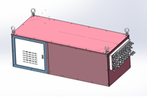 CAD rendering of a custom 601.2V 15Ah high-voltage battery system with a metal enclosure, lifting points, service panel, ventilation section, and multiple external connectors.