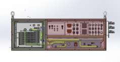 Front-view CAD drawing of the internal electrical component layout in a custom 601.2V 15Ah battery system, including control hardware, protection components, and external connector interfaces.