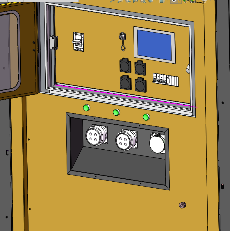 Close-up CAD rendering of the monitoring and connection interface on a liquid-cooled lifting equipment battery system, including a display, switches, indicators, and external connectors.