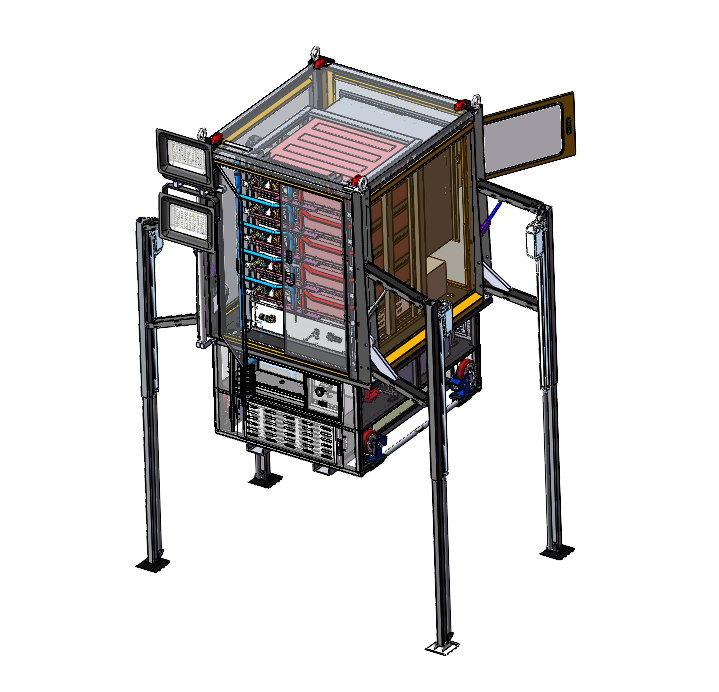 Open CAD rendering of a liquid-cooled high-voltage battery system showing internal battery modules, cooling lines, control components, and structural integration for lifting equipment.
