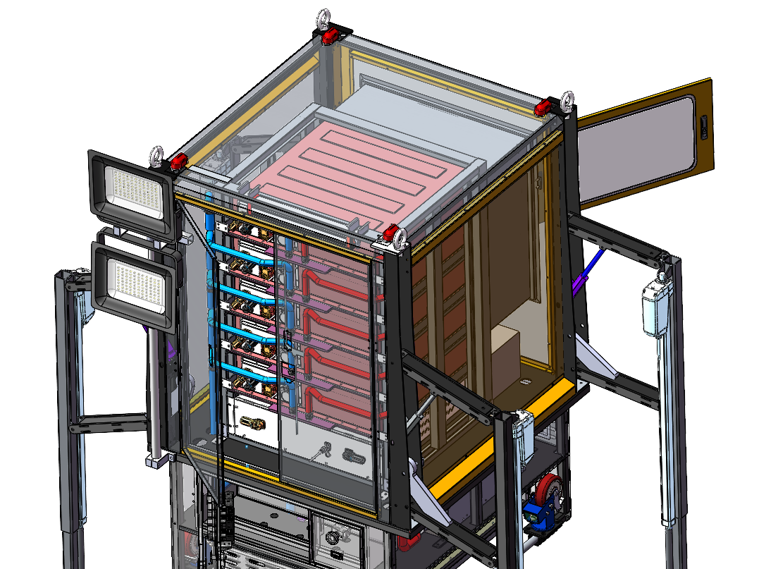 Detailed CAD rendering of liquid-cooled battery modules, cooling pipework, electrical components, and internal mounting structures in a lifting equipment battery system.