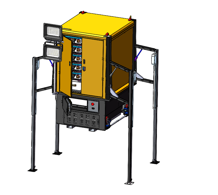 CAD rendering of an integrated liquid-cooled high-voltage battery system for lifting equipment with a modular enclosure, support frame, service doors, lighting, and electrical components.