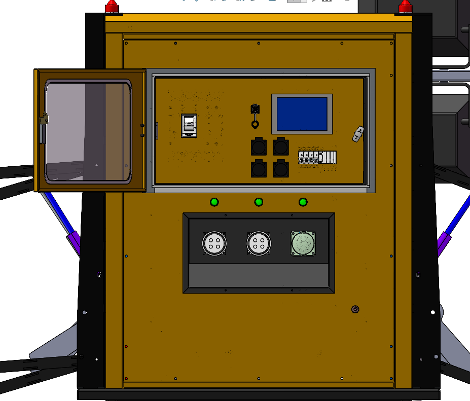 CAD rendering of the control and connection panel on a liquid-cooled high-voltage battery system for lifting equipment, showing a display, switches, status indicators, and power connectors.