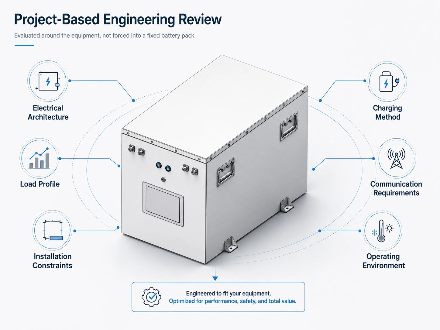 Engineering review diagram for a custom high-voltage battery system covering electrical architecture, load profile, installation constraints, charging method, communication requirements, and operating environment.