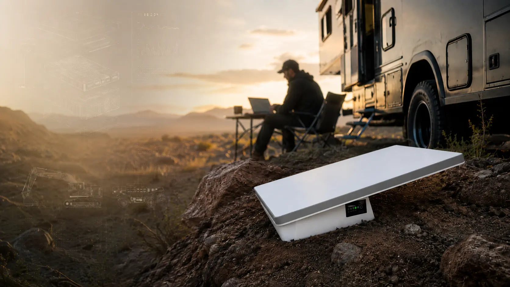 LiFirst clip-on battery system for Starlink Mini beside an overlanding RV during remote work in an off-grid mountain setting.