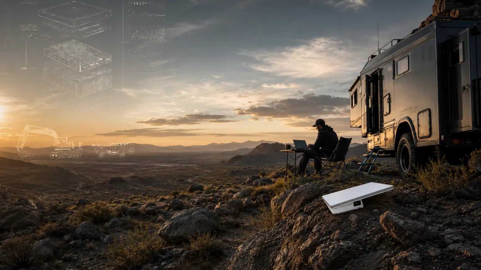 Starlink Mini with a LiFirst battery system supporting remote work beside an off-grid RV in the mountains.