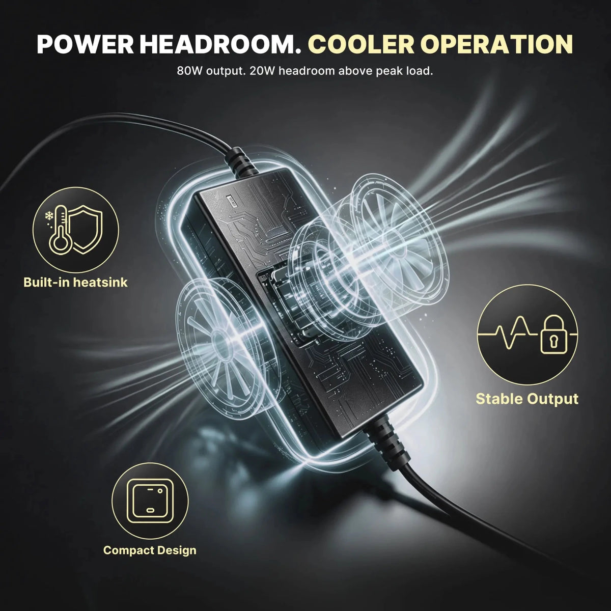 LiFirst Starlink Mini car adapter graphic showing 80W output capacity, built-in heatsink design, stable output, and compact adapter housing.