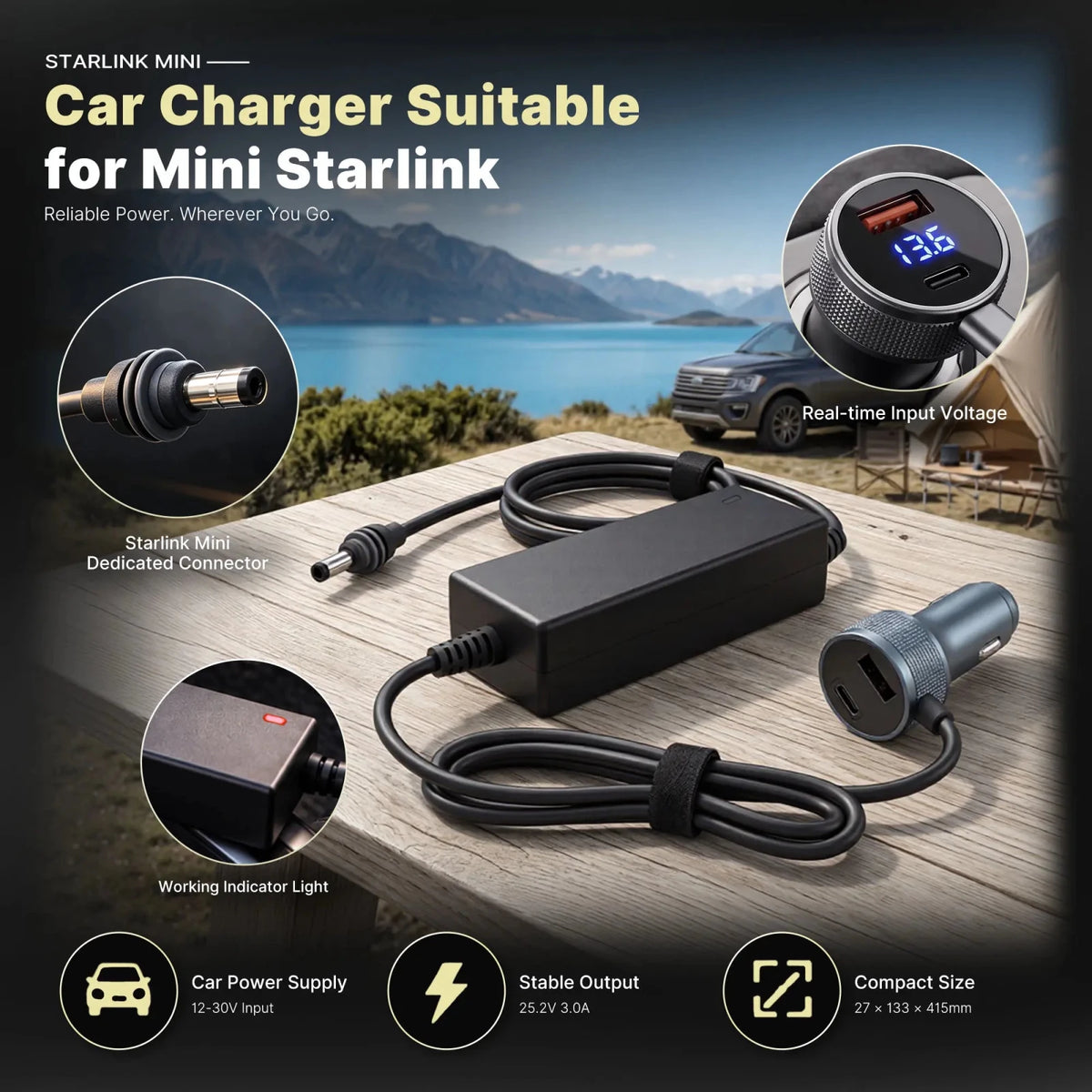 LiFirst Starlink Mini car adapter shown in an outdoor vehicle setup, featuring a dedicated DC connector, real-time input voltage display, working indicator light, and 25.2V 3A stable output.