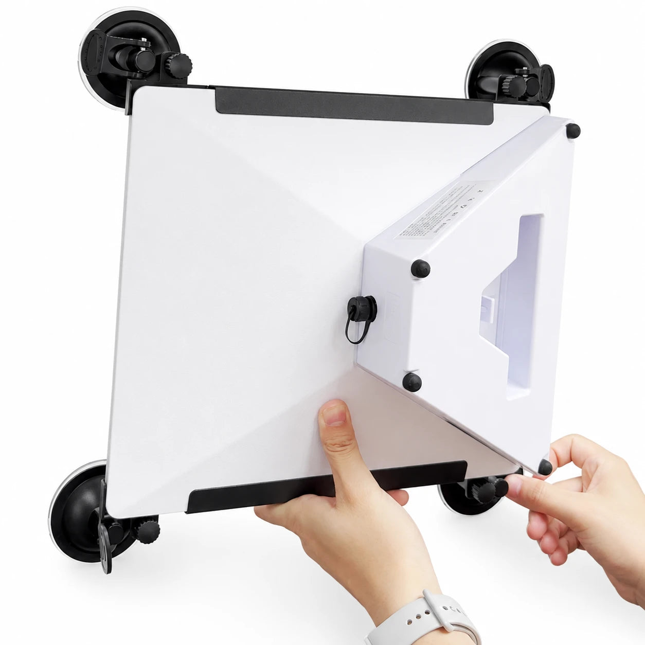 White-background product image showing a Starlink Mini with LiFirst clip-on battery installed on a vehicle window suction mount bracket with four suction cups and adjustable locking latches.
