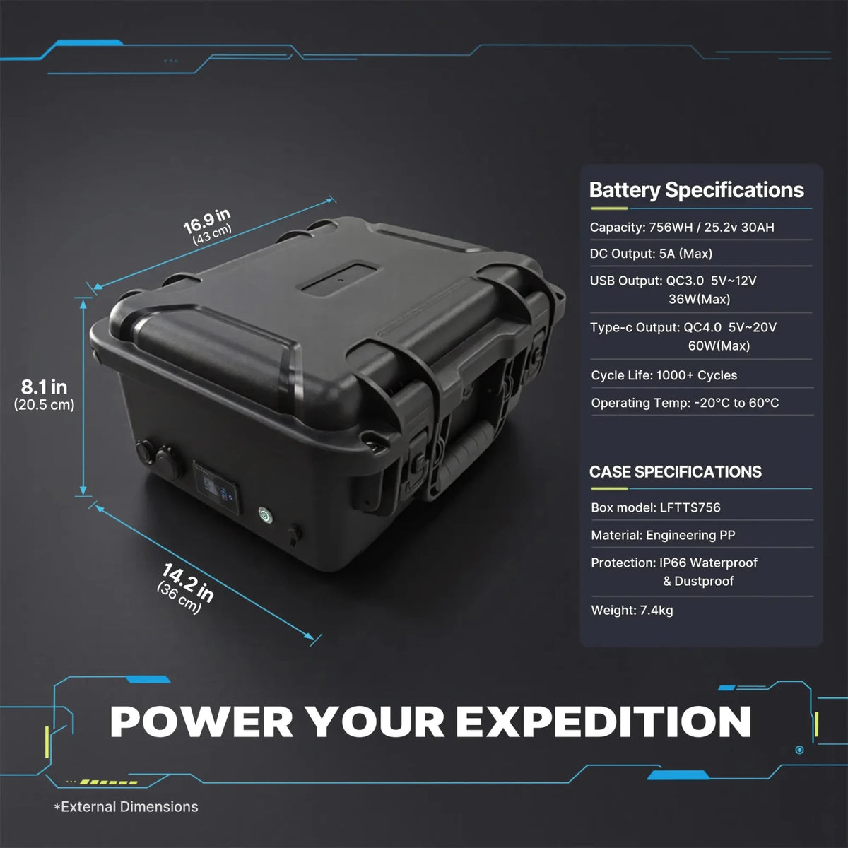 Dimension diagram of the LiFirst 756Wh Starlink Mini battery case, showing external measurements, 7.4 kg weight, electrical specifications and operating temperature range.