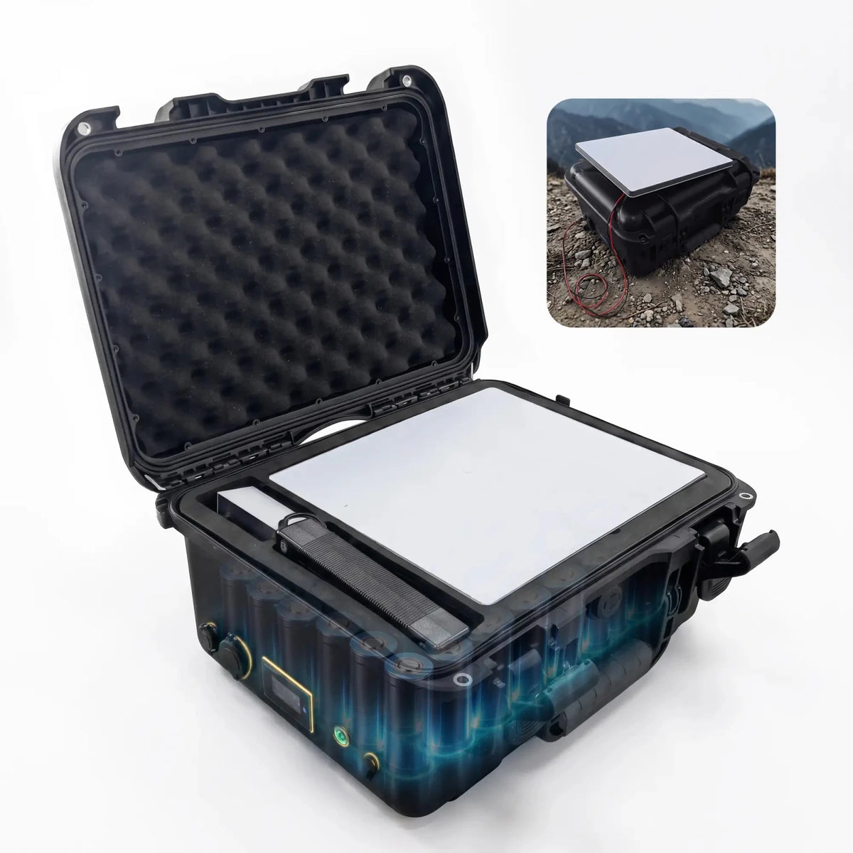 Open LiFirst 756Wh battery case for Starlink Mini on a white background, showing the dish stored above an illustrated internal battery compartment.