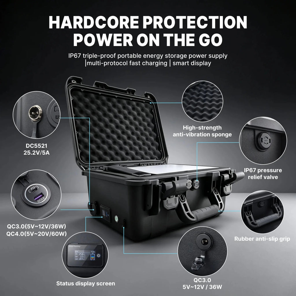 LiFirst Starlink Mini power case with labeled close-ups of DC, USB-A and USB-C ports, a battery status display, pressure relief valve and carry handle.