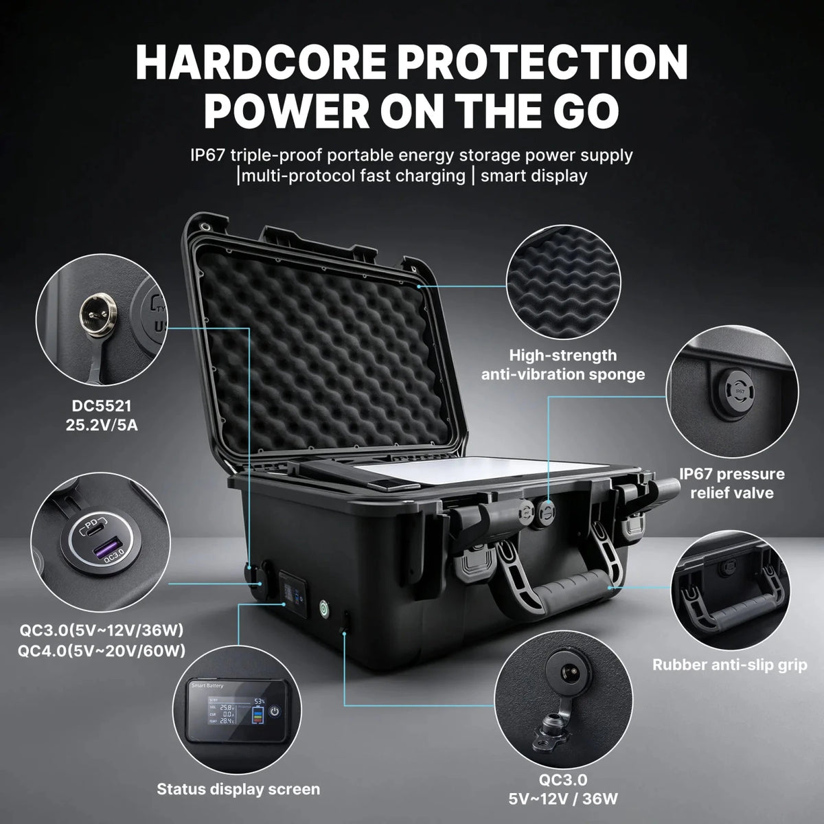 LiFirst Starlink Mini power case with labeled close-ups of DC, USB-A and USB-C ports, a battery status display, pressure relief valve and carry handle.