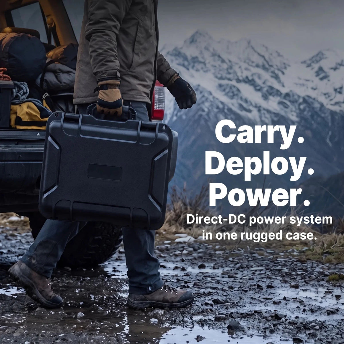 A person carries a closed LiFirst Starlink Mini power case beside a vehicle on rocky ground, with snow-covered mountains in the background.