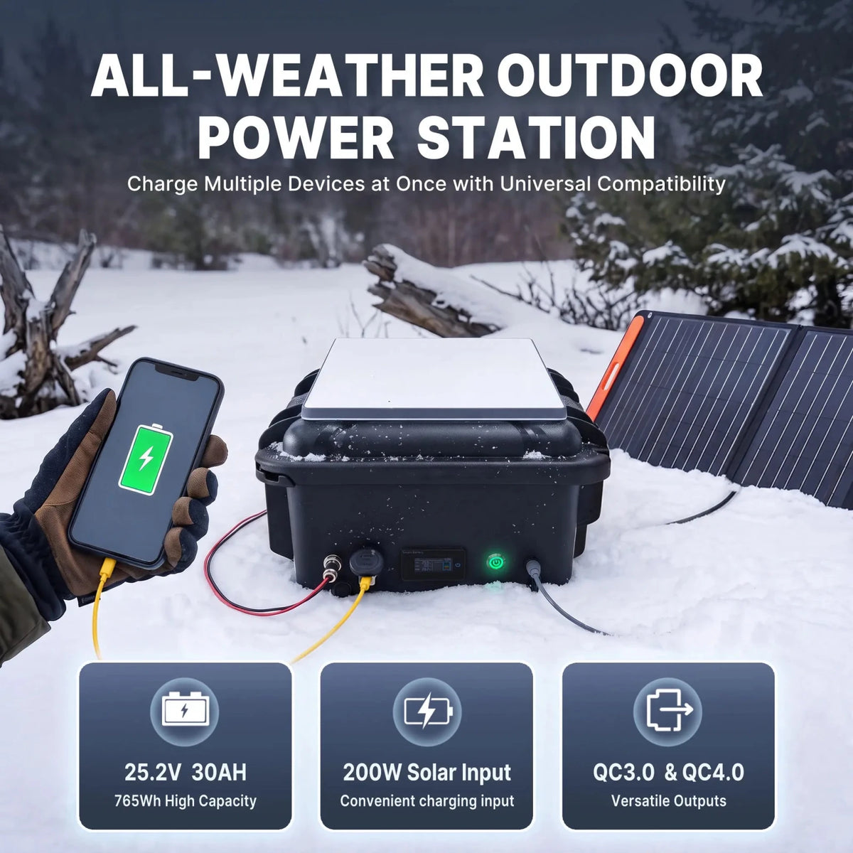 LiFirst Starlink Mini battery case connected to a solar panel and smartphone in a snowy outdoor setting, illustrating an off-grid power setup.