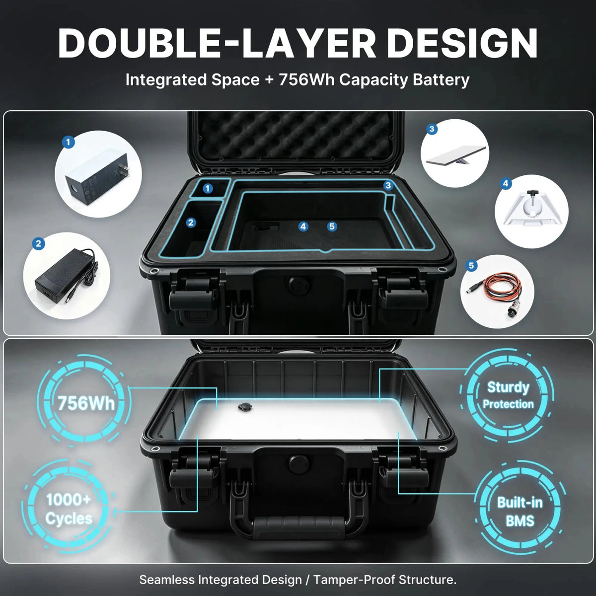 Double-layer LiFirst Starlink Mini power case showing accessory storage compartments above an integrated 756Wh battery, with space for the starlink mini, stand and cables.