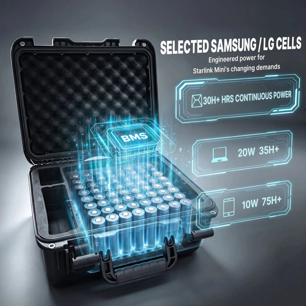 Cutaway illustration of the LiFirst 756Wh Starlink Mini battery case, showing cylindrical cells, an integrated BMS and runtime estimates at different power loads.