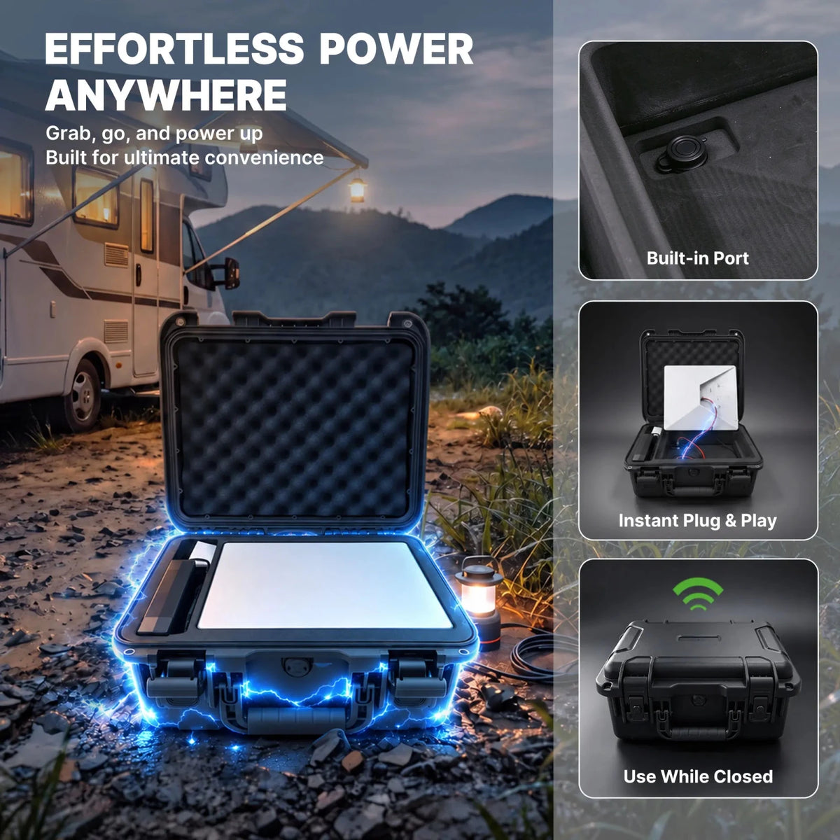 Open LiFirst Starlink Mini battery case beside an RV at a campsite, with inset views of the built-in connection and lid-closed setup.