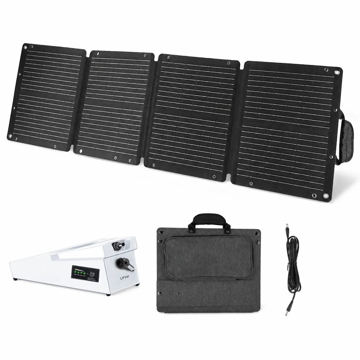 LiFirst Starlink Mini clip-on battery bundled with a 90W foldable solar panel, folded panel case, and DC charging cable for off-grid power setup.