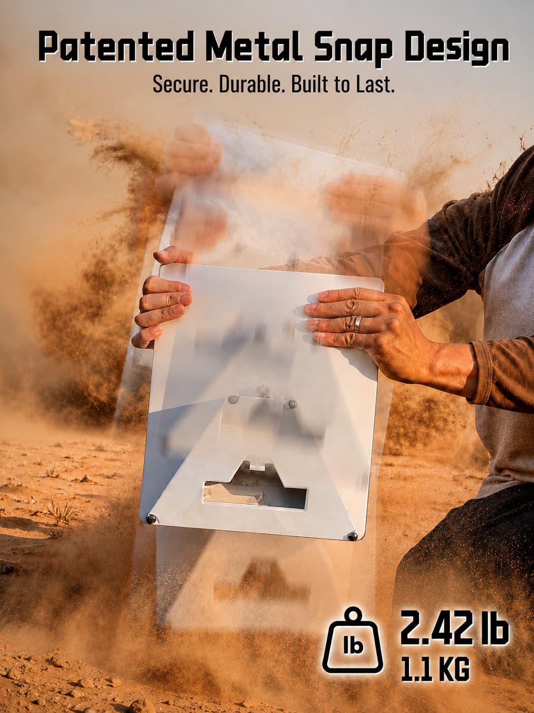 LiFirst Starlink Mini clip-on battery shown in a dusty outdoor scene, highlighting the metal snap lock structure, secure fit, and lightweight 1.1 kg design.
