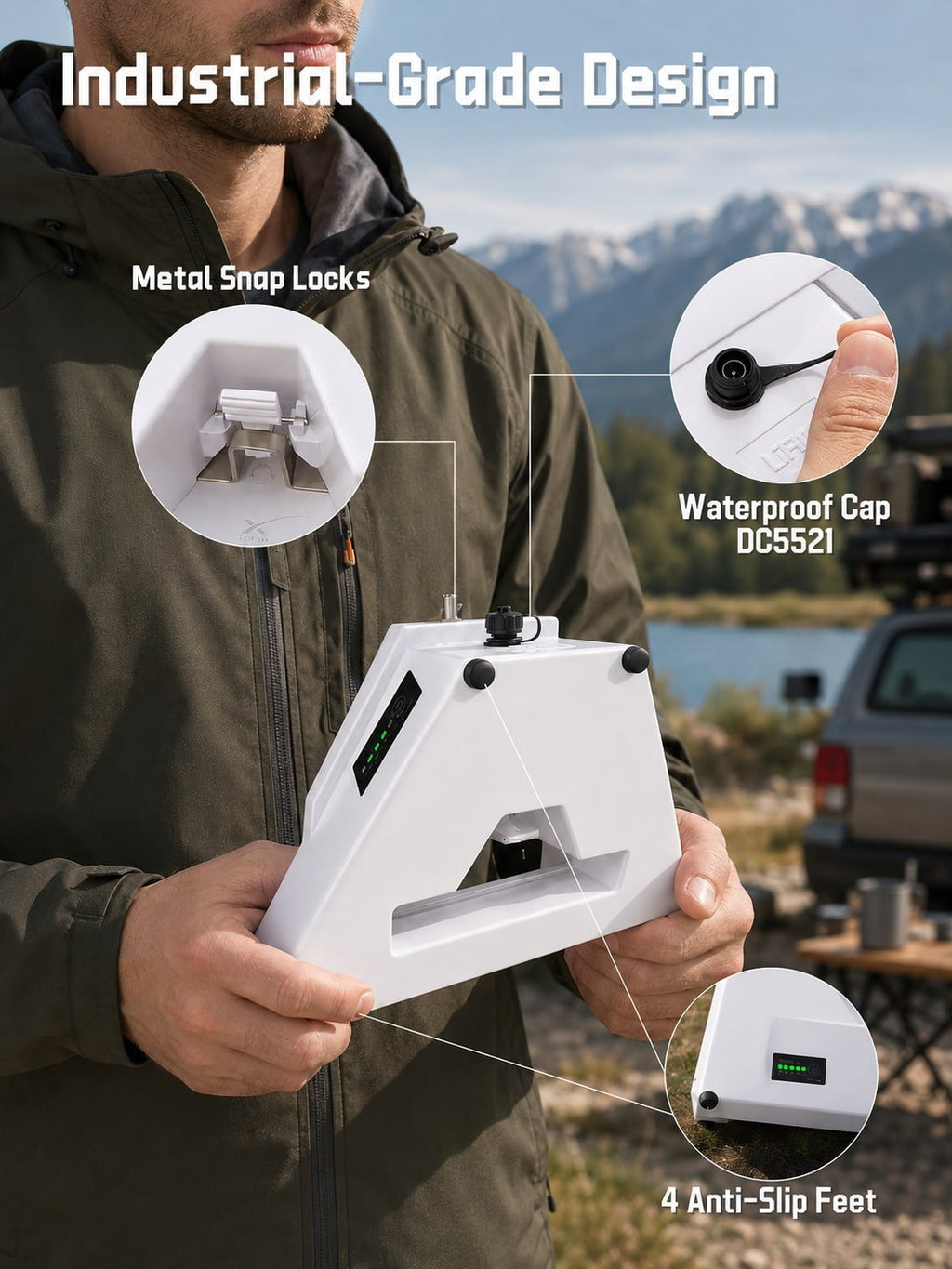 LiFirst Starlink Mini clip-on battery detail image showing metal snap locks, DC5521 port cap, battery indicator panel, and anti-slip feet in an outdoor setting.