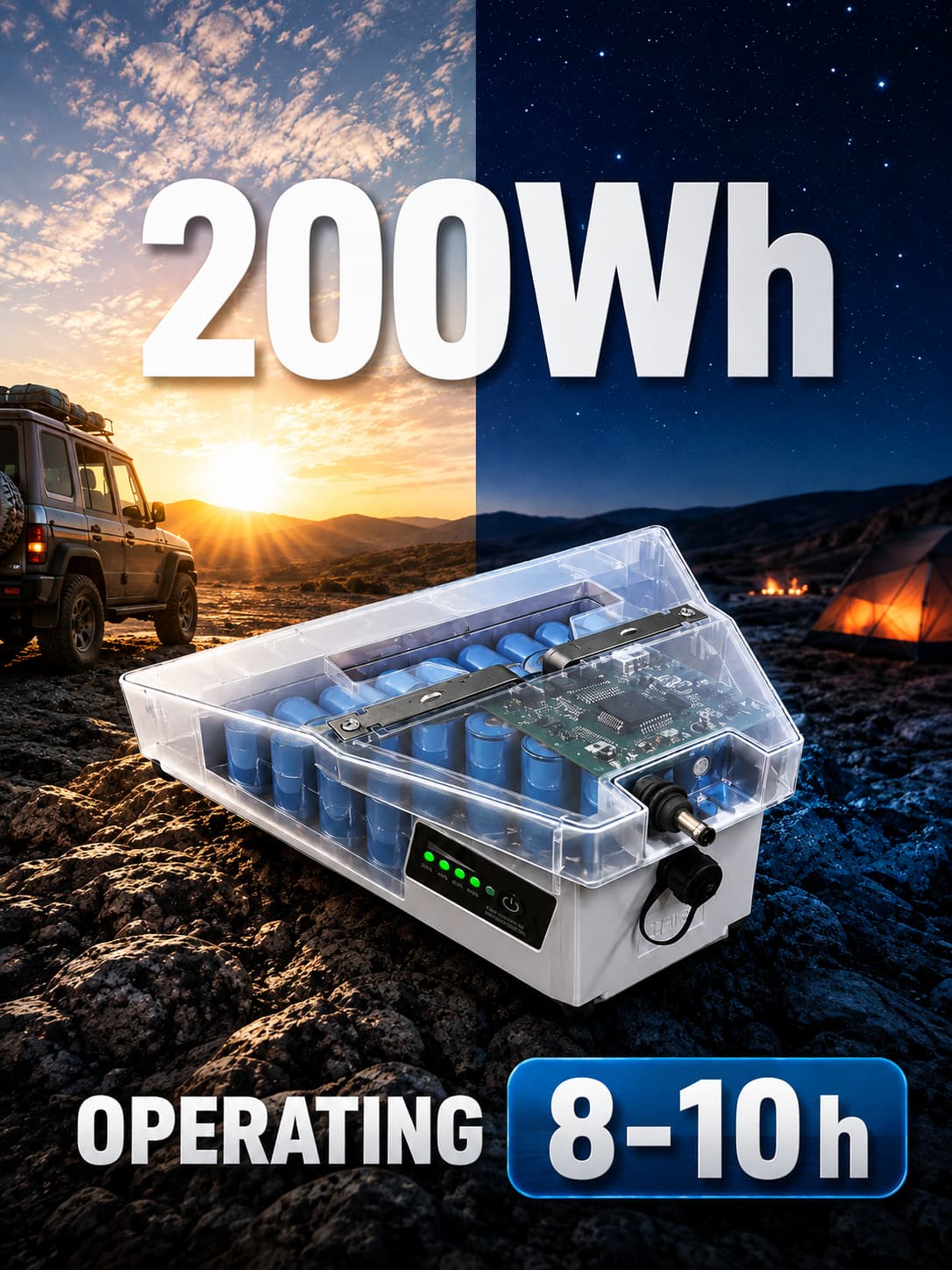 LiFirst ULTRA 200Wh Starlink Mini battery shown with an internal battery structure concept and day-to-night outdoor use scenes for off-grid deployment.