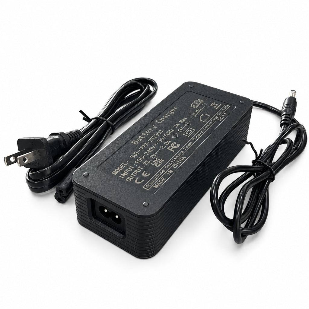 LiFirstPOWER 25.2V 3A battery charger with US plug AC power cord and DC output cable.