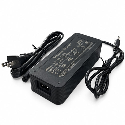 LiFirstPOWER 25.2V 3A battery charger with US plug AC power cord and DC output cable.