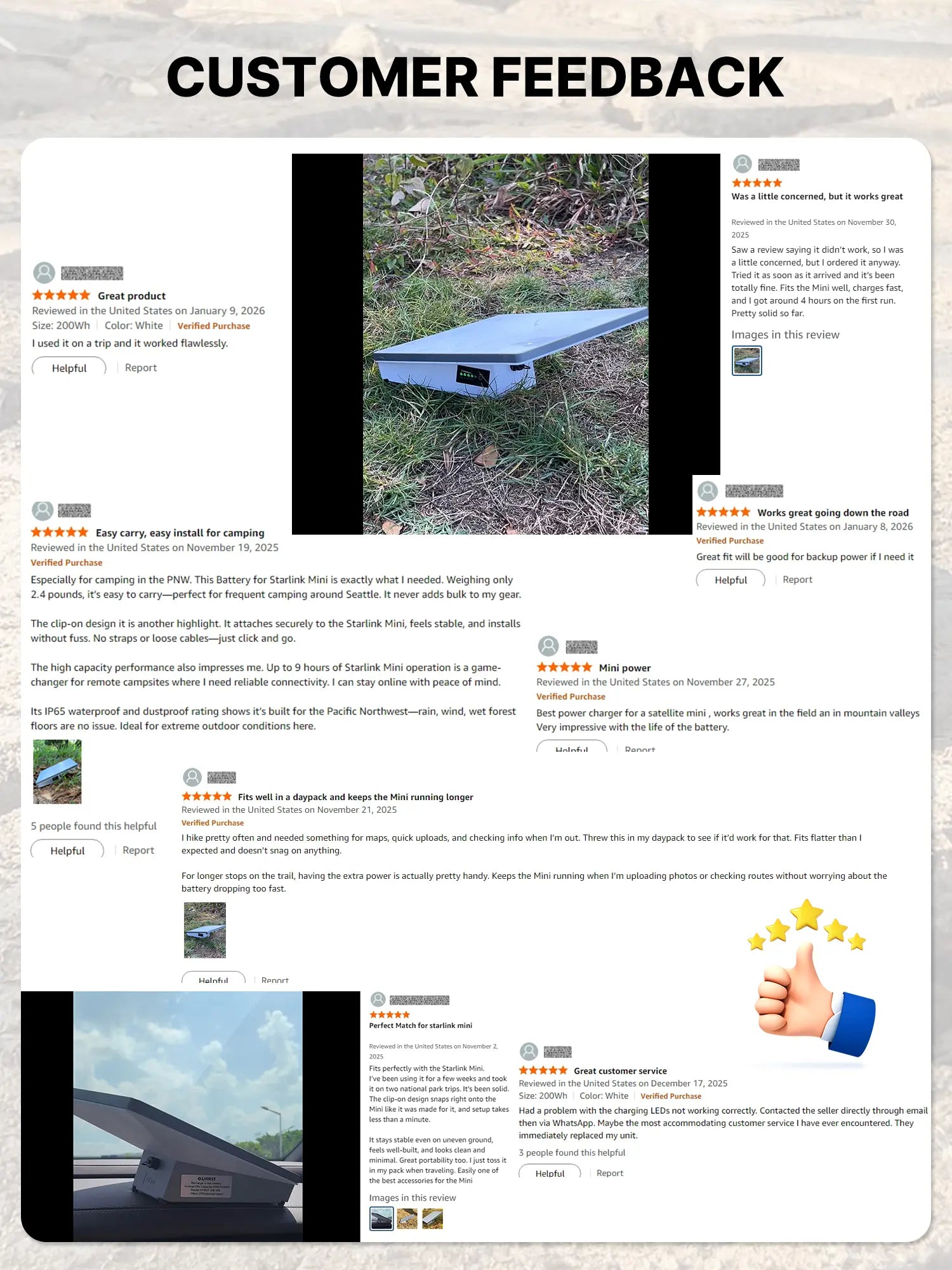 Reviews of lifirst's Starlink Mini battery on Amazon and social media platforms.