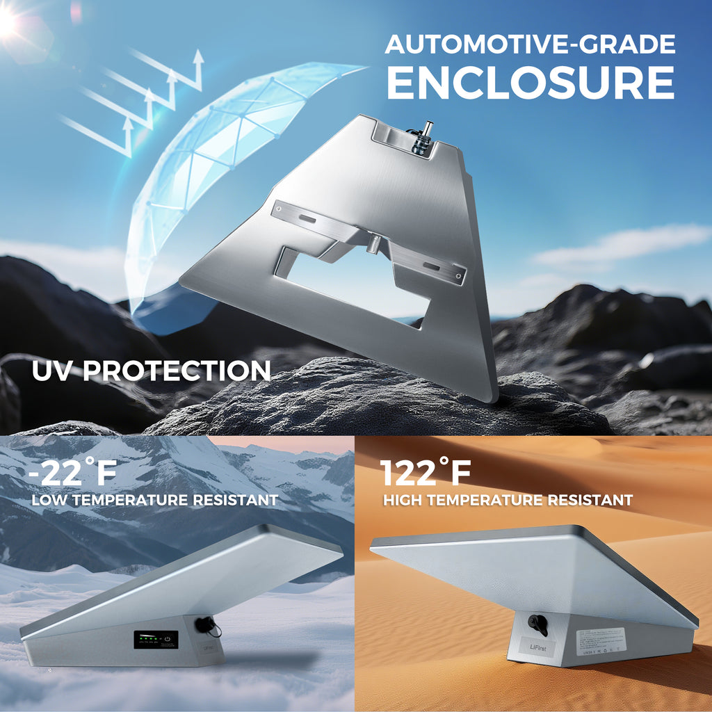 A scene illustration of a 180Wh Starlink mini battery in three-in-one configuration, showcasing its UV protection and resistance to high and low temperatures.
