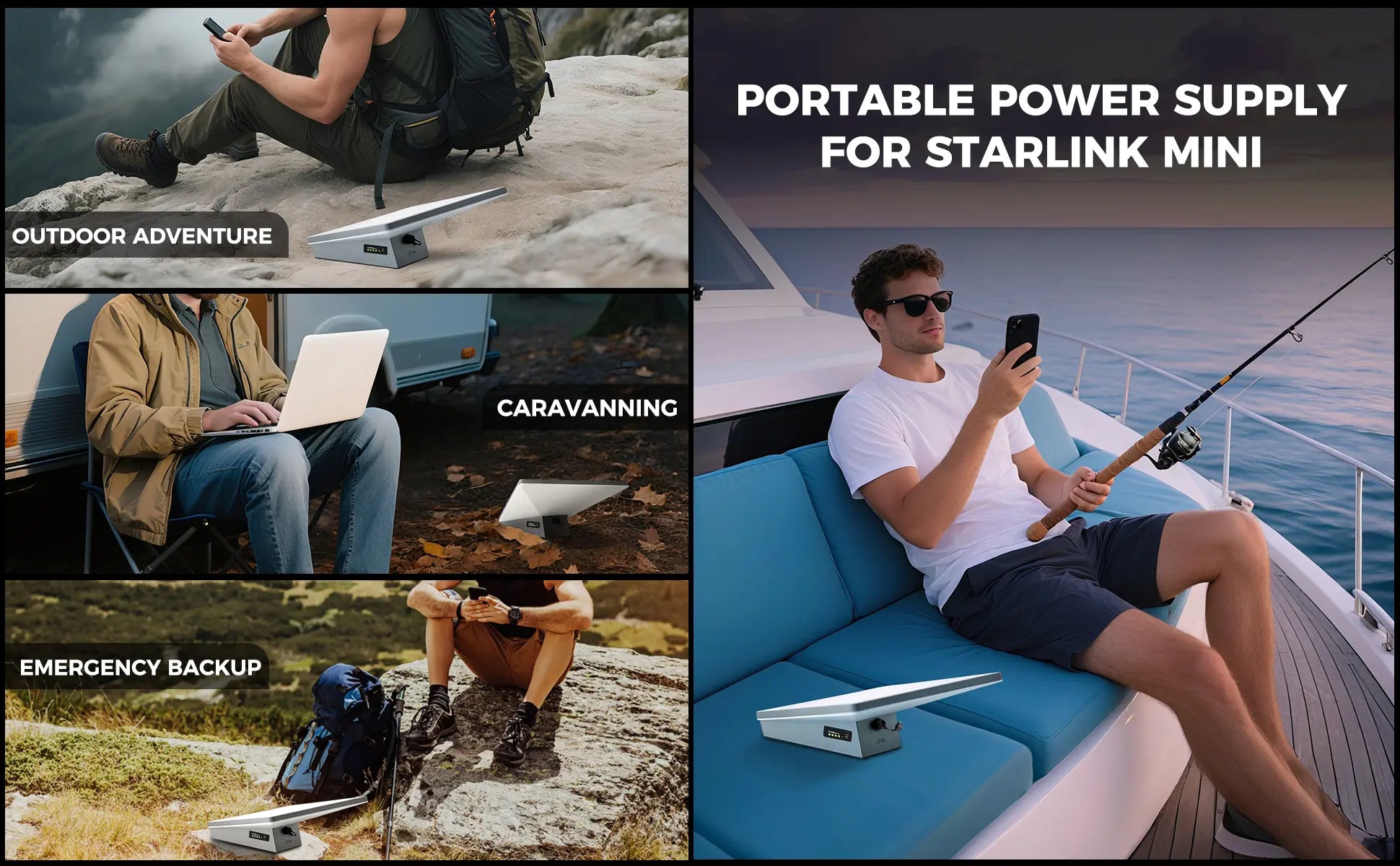 A man uses his Starlink Mini with a LiFirst portable battery while camping in the mountains, showcasing off-grid internet for work and adventure