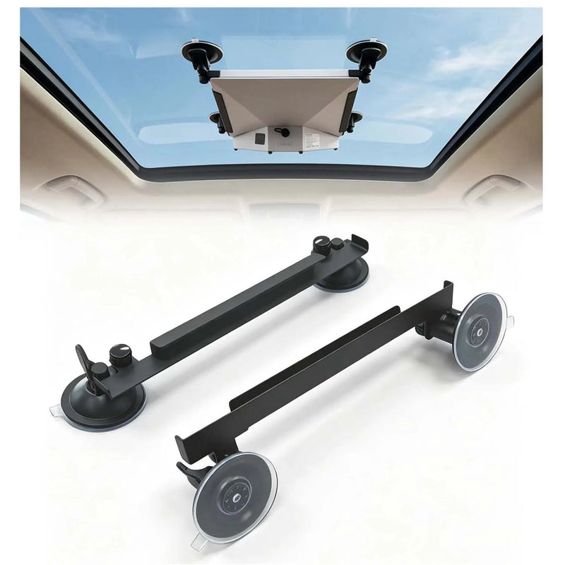 LiFirst Starlink Mini suction mount bracket kit with support bars and vacuum suction cups, shown with an installed Starlink Mini setup on vehicle glass.