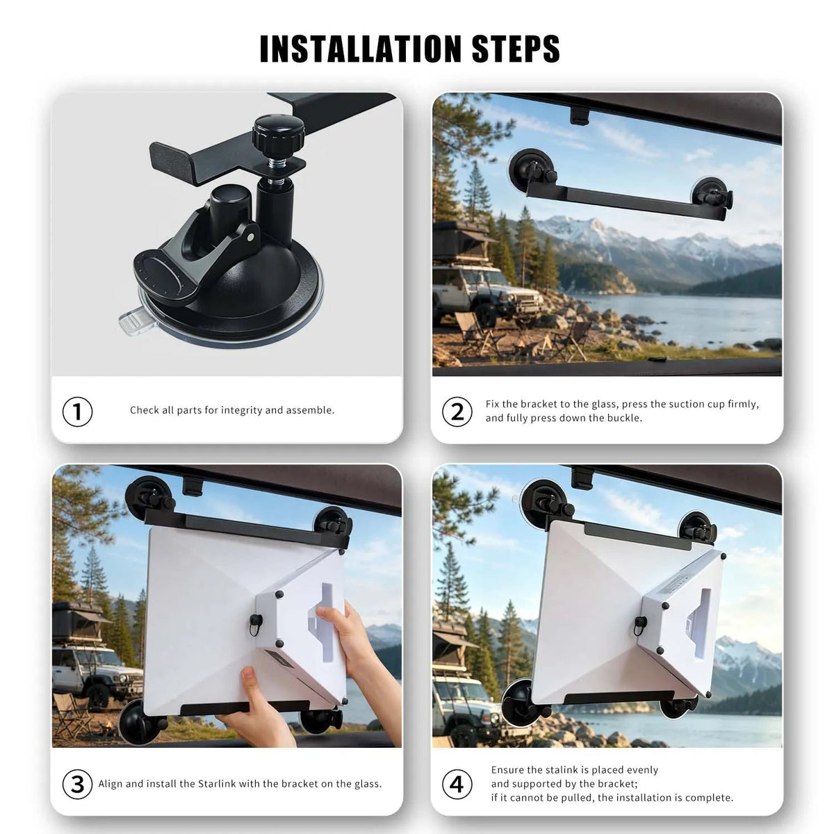 Step-by-step installation guide for the LiFirst Starlink Mini suction mount bracket, showing part assembly, glass mounting, Starlink Mini alignment, and final stability check.